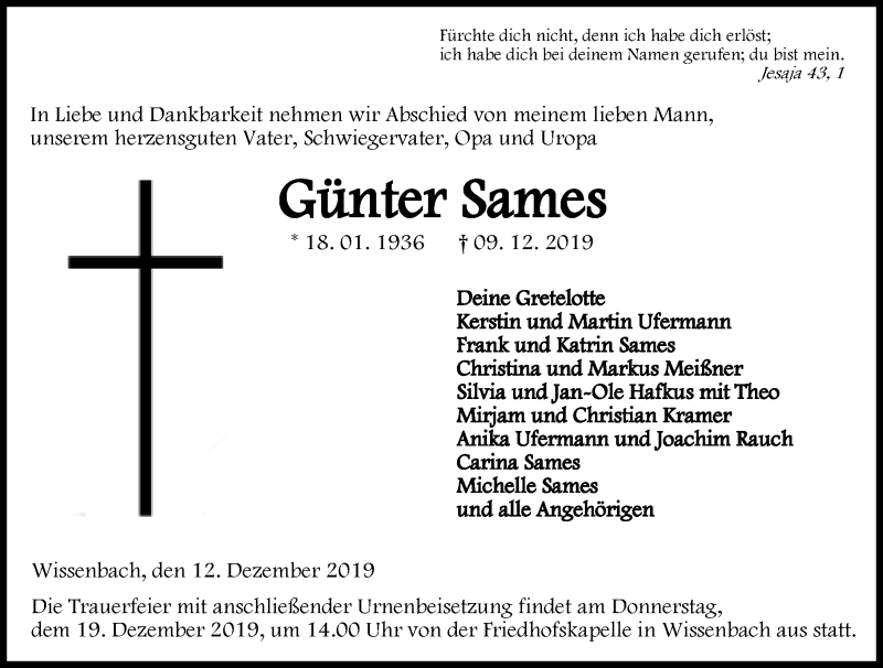  Traueranzeige für Günter Sames vom 12.12.2019 aus 202 Dill Block