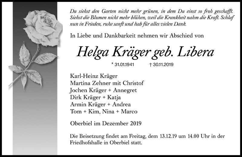  Traueranzeige für Helga Kräger vom 11.12.2019 aus 201 Wetzlarer Neue Zeitung