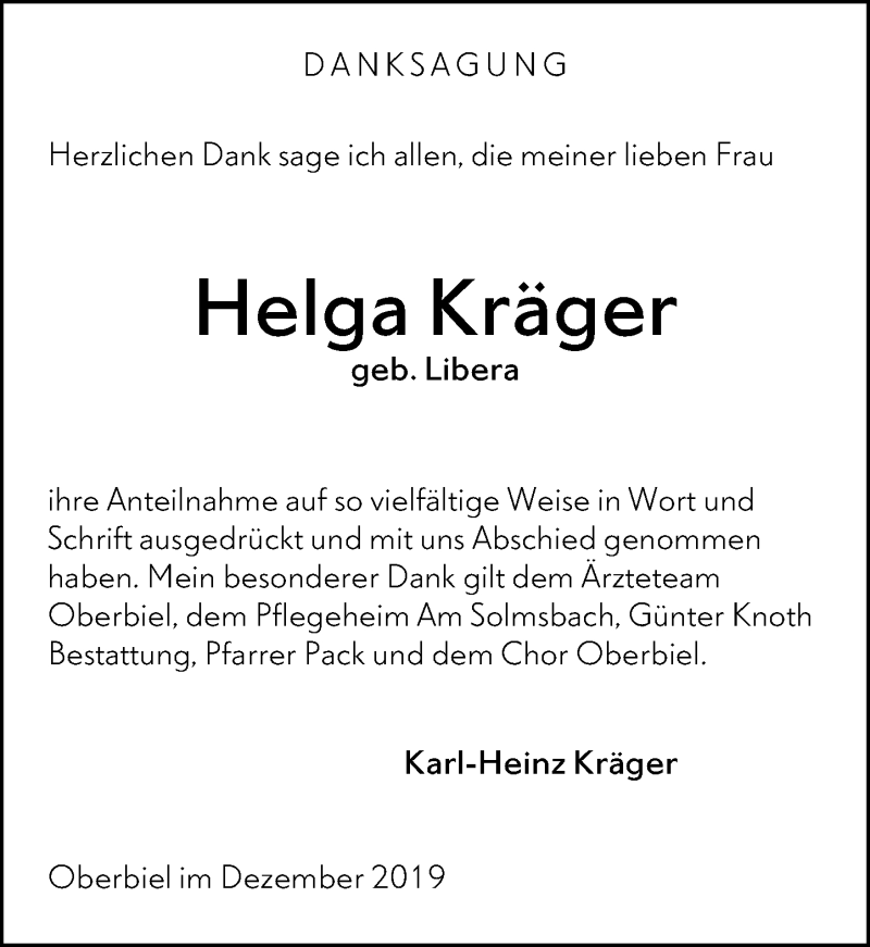  Traueranzeige für Helga Kräger vom 28.12.2019 aus 201 Wetzlarer Neue Zeitung