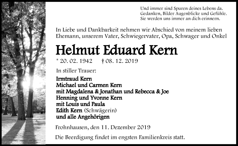  Traueranzeige für Helmut Eduard Kern vom 11.12.2019 aus 202 Dill Block