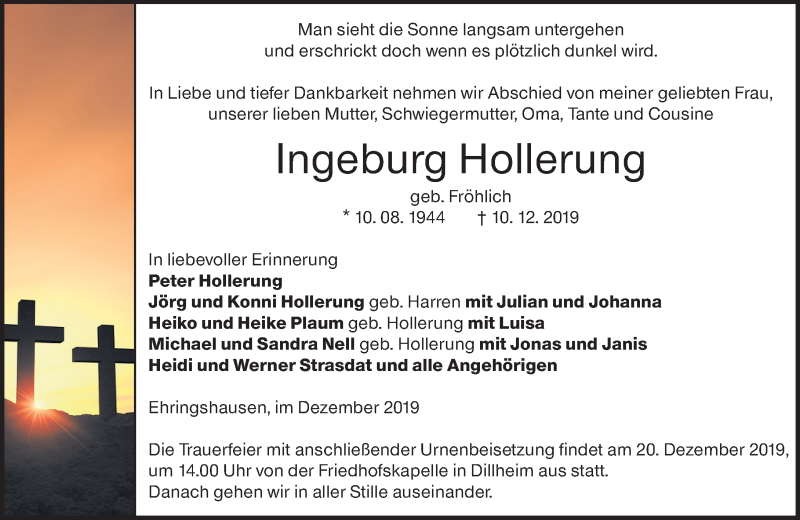  Traueranzeige für Ingeburg Hollerung vom 18.12.2019 aus 201 Wetzlarer Neue Zeitung