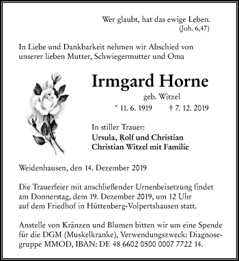 Traueranzeige von Irmgard Horne von 201 Wetzlarer Neue Zeitung
