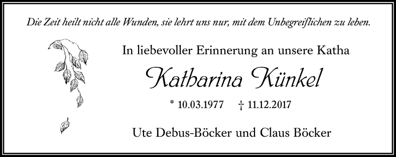  Traueranzeige für Katharina Künkel vom 11.12.2019 aus 205 Hinterländer Anzeiger