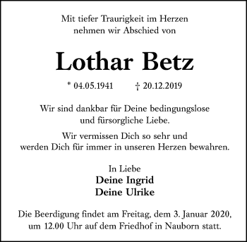 Traueranzeige von Lothar Betz von 201 Wetzlarer Neue Zeitung