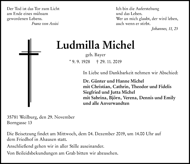  Traueranzeige für Ludmilla Michel vom 02.12.2019 aus 206 WBT - Weilburger Tageblatt (140)