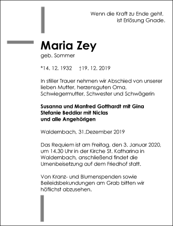 Traueranzeige von Maria Zey von 206 Weilburger Tageblatt