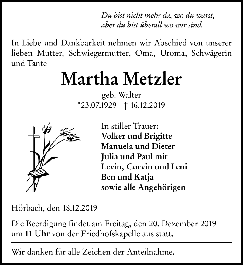 Traueranzeige für Martha Metzler vom 18.12.2019 aus 202 Dill Block