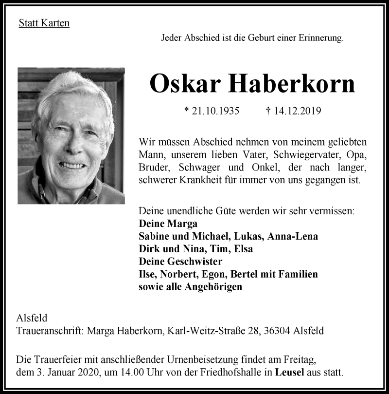 Traueranzeige für Oskar Haberkorn vom 28.12.2019 aus 563 Oberhessische Zeitung