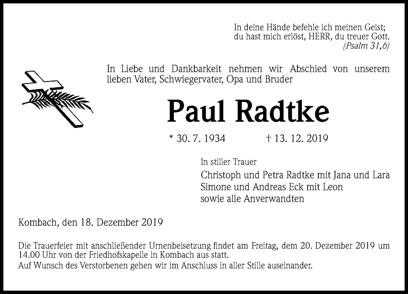  Traueranzeige für Paul Radtke vom 18.12.2019 aus 205 Hinterländer Anzeiger