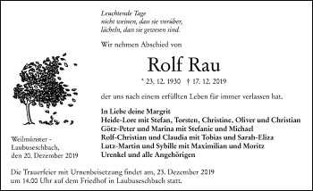 Traueranzeige von Rolf Rau von 206 Weilburger Tageblatt