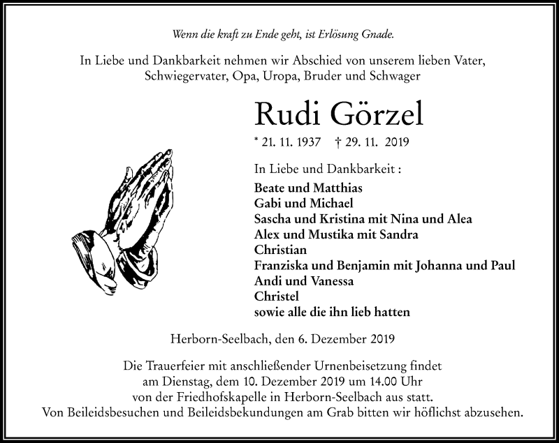  Traueranzeige für Rudi Görzel vom 06.12.2019 aus 202 Dill Block (120)