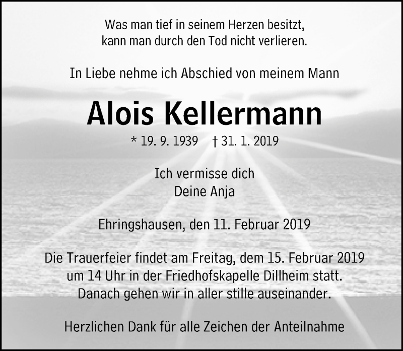  Traueranzeige für Alois Kellermann vom 11.02.2019 aus 201 WNZ - Wetzlarer Neue Zeitung (110)