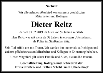 Traueranzeige von Dieter Reitz von 205 HA - Hinterländer Anzeiger (130)