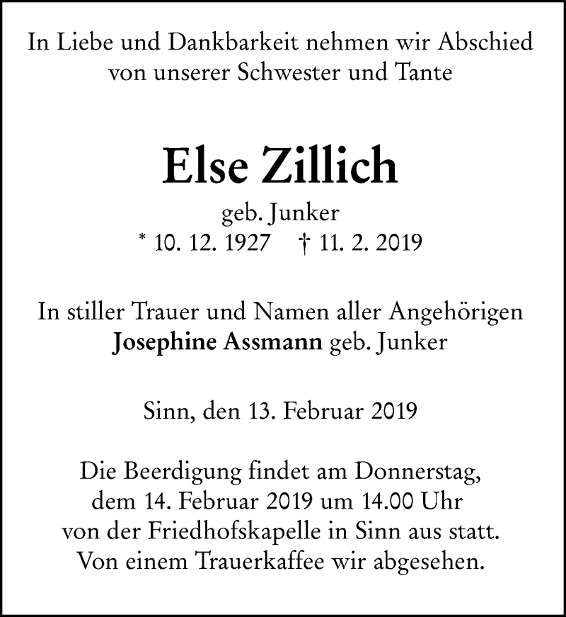  Traueranzeige für Else Zillich vom 13.02.2019 aus 202 Dill Block (120)