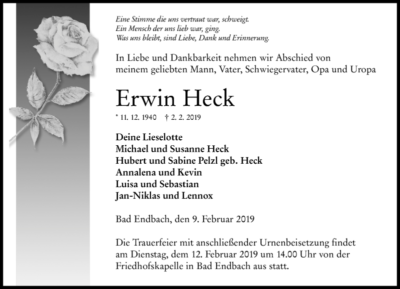  Traueranzeige für Erwin Heck vom 09.02.2019 aus 205 HA - Hinterländer Anzeiger (130)