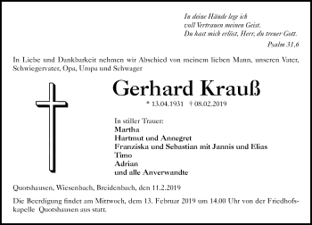 Traueranzeige von Gerhard Krauß von 205 HA - Hinterländer Anzeiger (130)