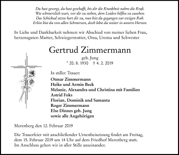Traueranzeige von Gertrud Zimmermann von 206 WBT - Weilburger Tageblatt (140)
