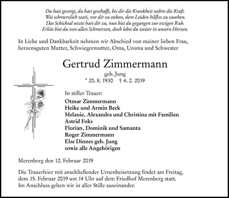  Traueranzeige für Gertrud Zimmermann vom 12.02.2019 aus 206 WBT - Weilburger Tageblatt (140)