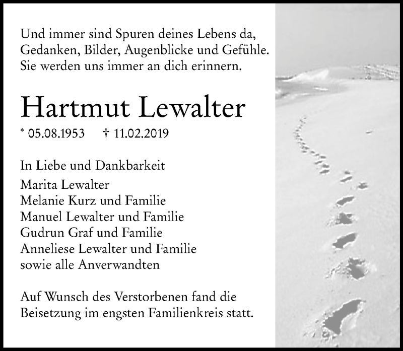  Traueranzeige für Hartmut Lewalter vom 26.02.2019 aus 201 WNZ - Wetzlarer Neue Zeitung (110)
