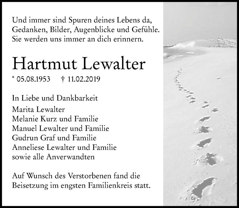  Traueranzeige für Hartmut Lewalter vom 25.02.2019 aus 202 Dill Block (120)