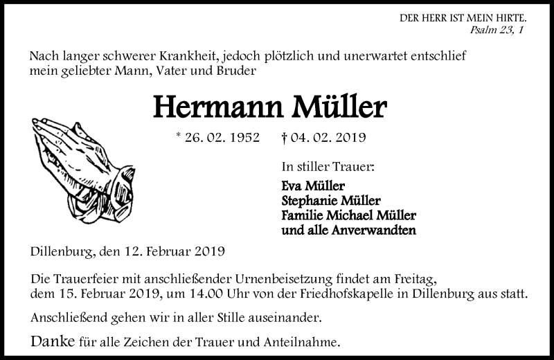  Traueranzeige für Hermann Müller vom 12.02.2019 aus 202 Dill Block (120)