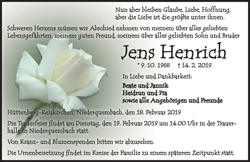 Traueranzeige für Jens Henrich vom 18.02.2019 aus 201 WNZ - Wetzlarer Neue Zeitung (110)