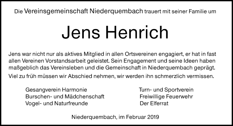  Traueranzeige für Jens Henrich vom 19.02.2019 aus 201 WNZ - Wetzlarer Neue Zeitung (110)