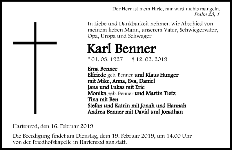  Traueranzeige für Karl Benner vom 16.02.2019 aus 205 HA - Hinterländer Anzeiger (130)