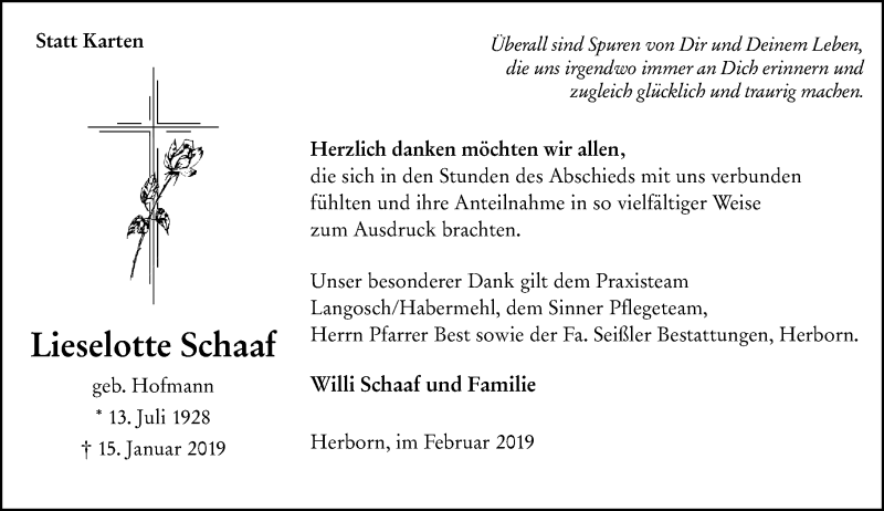  Traueranzeige für Lieselotte Schaaf vom 02.02.2019 aus 202 Dill Block (120)