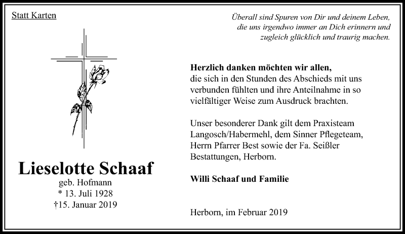  Traueranzeige für Lieselotte Schaaf vom 02.02.2019 aus 202 Dill Block (120)