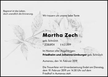 Traueranzeige von Martha Zech von 206 WBT - Weilburger Tageblatt (140)