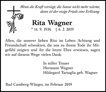Traueranzeige von Rita Wagner von 582 Camberger Anzeiger