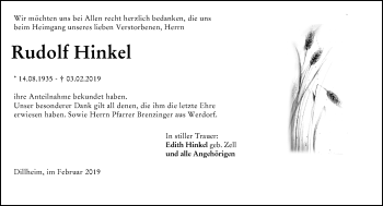 Traueranzeige von Rudolf Hinkel von 201 WNZ - Wetzlarer Neue Zeitung (110)