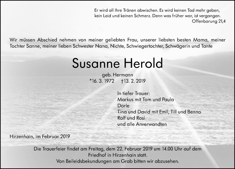  Traueranzeige für Susanne Herold vom 16.02.2019 aus 202 Dill Block (120)