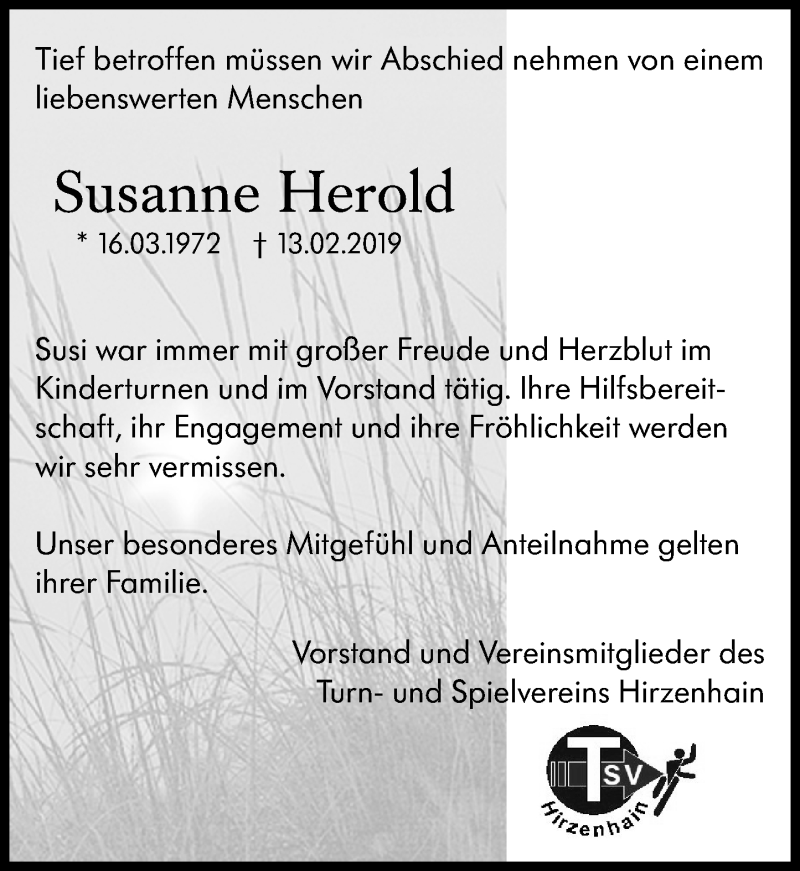  Traueranzeige für Susanne Herold vom 19.02.2019 aus 202 Dill Block (120)