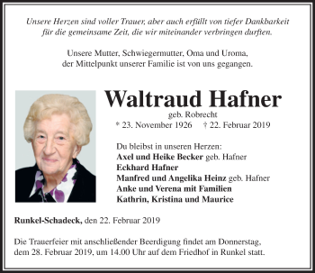 Traueranzeige von Waltraud Hafner von 206 WBT - Weilburger Tageblatt (140)