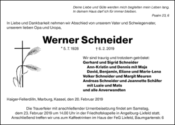 Traueranzeige von Werner Schneider von 205 HA - Hinterländer Anzeiger (130)