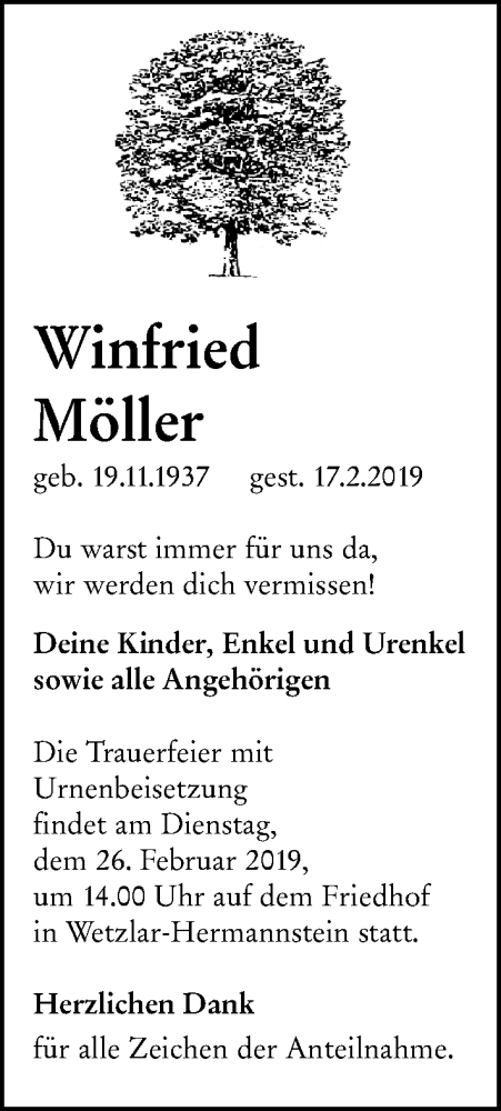  Traueranzeige für Winfried Möller vom 23.02.2019 aus 201 WNZ - Wetzlarer Neue Zeitung (110)