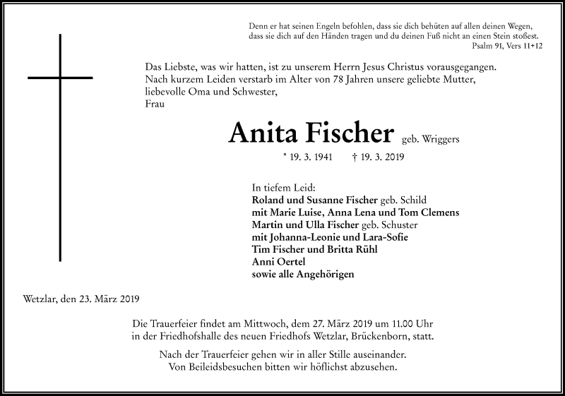  Traueranzeige für Anita Fischer vom 23.03.2019 aus 201 WNZ - Wetzlarer Neue Zeitung (110)