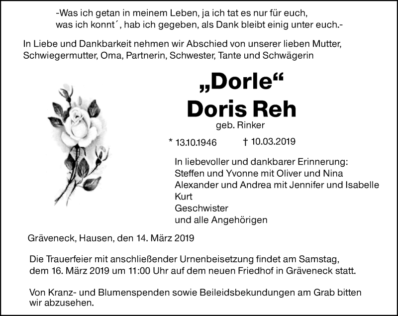  Traueranzeige für Doris Reh vom 14.03.2019 aus 206 WBT - Weilburger Tageblatt (140)