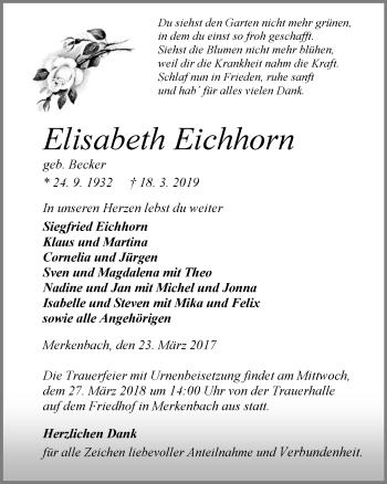 Traueranzeige von Elisabeth Eichhorn von 202 Dill Block (120)