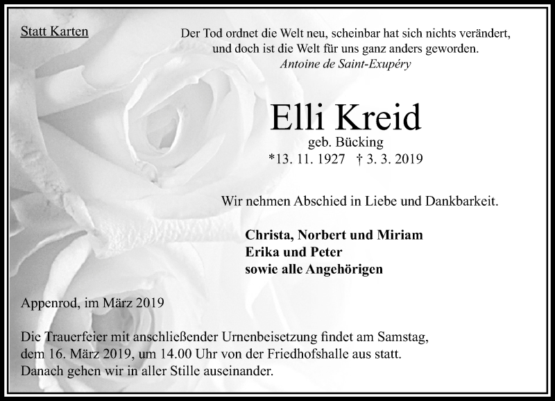  Traueranzeige für Elli Kreid vom 14.03.2019 aus VRM Trauer