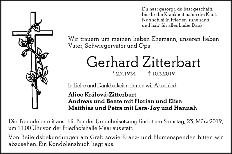  Traueranzeige für Gerhard Zitterbart vom 20.03.2019 aus VRM Trauer