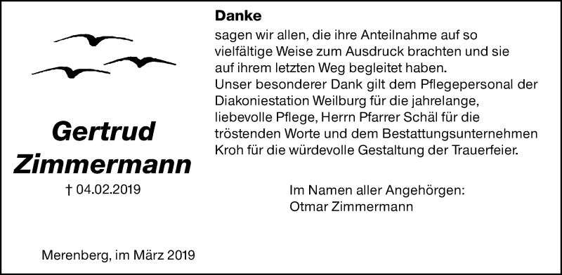  Traueranzeige für Gertrud Zimmermann vom 26.03.2019 aus 206 WBT - Weilburger Tageblatt (140)