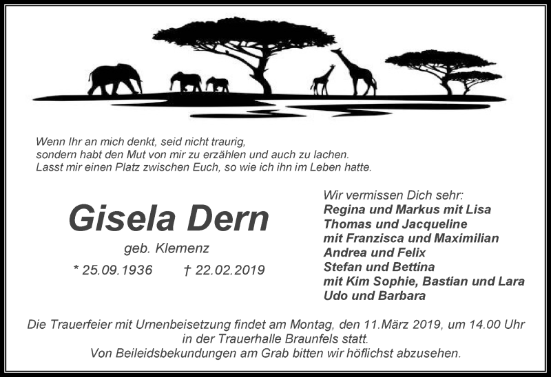  Traueranzeige für Gisela Dern vom 07.03.2019 aus 201 WNZ - Wetzlarer Neue Zeitung (110)