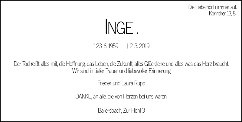  Traueranzeige für Inge  vom 09.03.2019 aus 202 Dill Block (120)