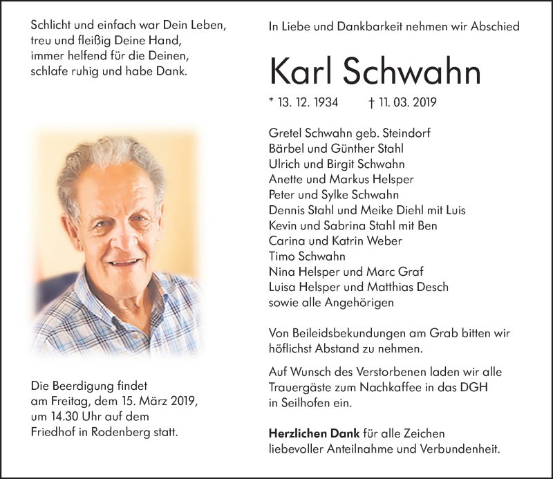  Traueranzeige für Karl Schwahn vom 13.03.2019 aus 202 Dill Block (120)