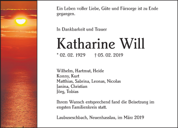 Traueranzeige von Katharine Will von 206 WBT - Weilburger Tageblatt (140)