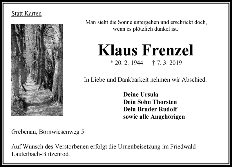  Traueranzeige für Klaus Frenzel vom 12.03.2019 aus VRM Trauer
