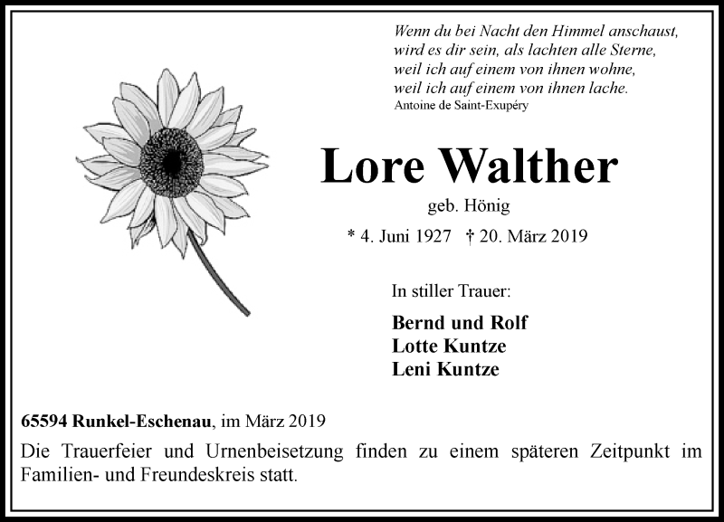  Traueranzeige für Lore Walther vom 22.03.2019 aus 206 WBT - Weilburger Tageblatt (140)